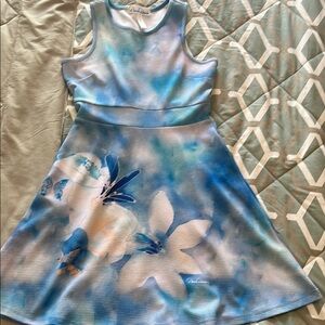 Blue and White Sleeveless Halter Mini Dress